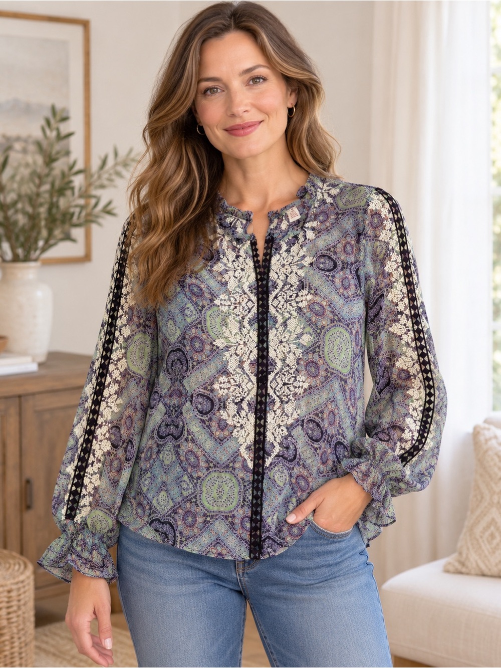 Sundance Women’s Medium Paisley Lace Trim Blouse Boho Ruffle Neck Long Sleeve